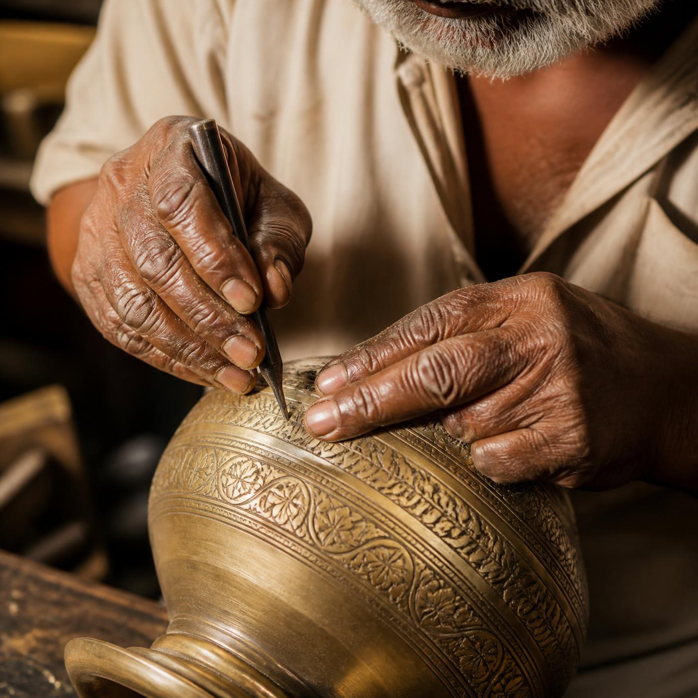 An artisan hand-engraving a brass vessel