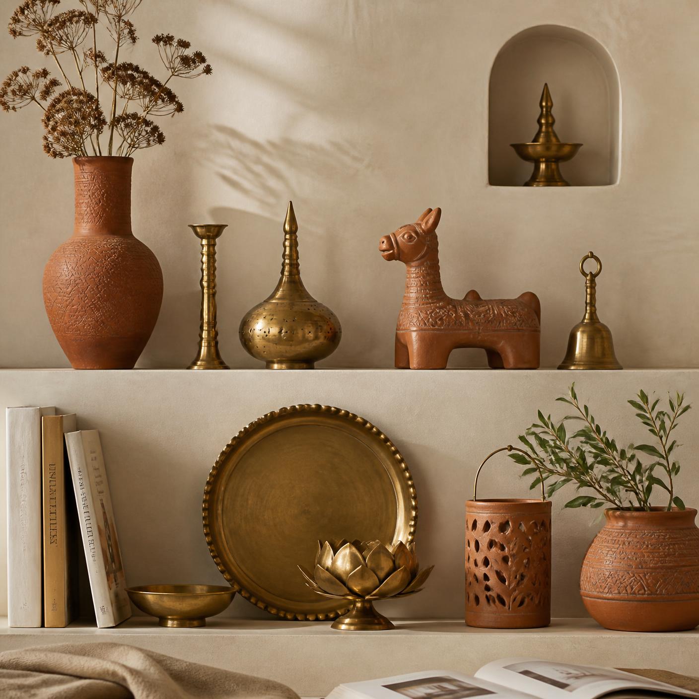A curated shelf of brass and terracotta objects