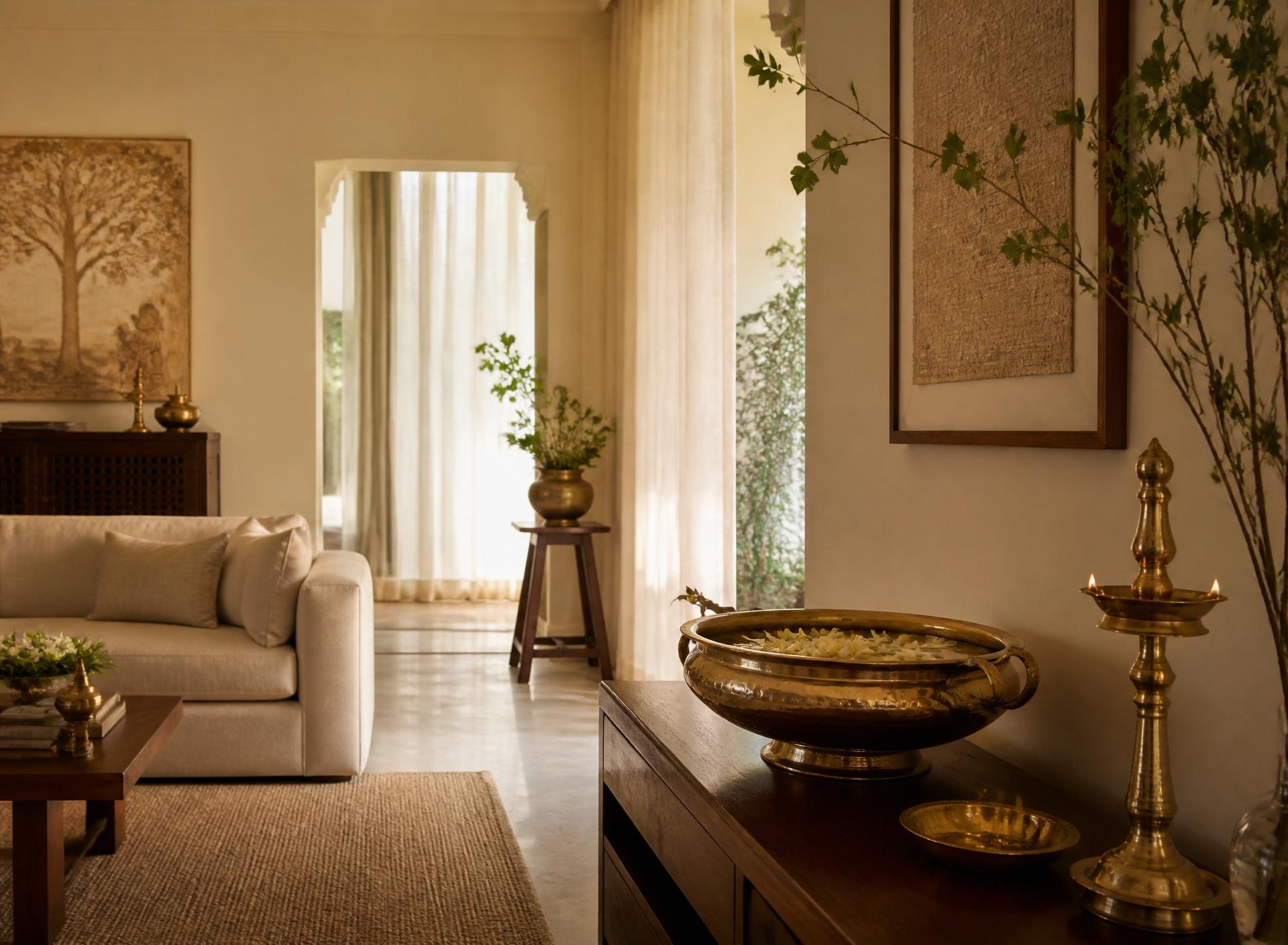 A serene living room styled with handcrafted brass décor