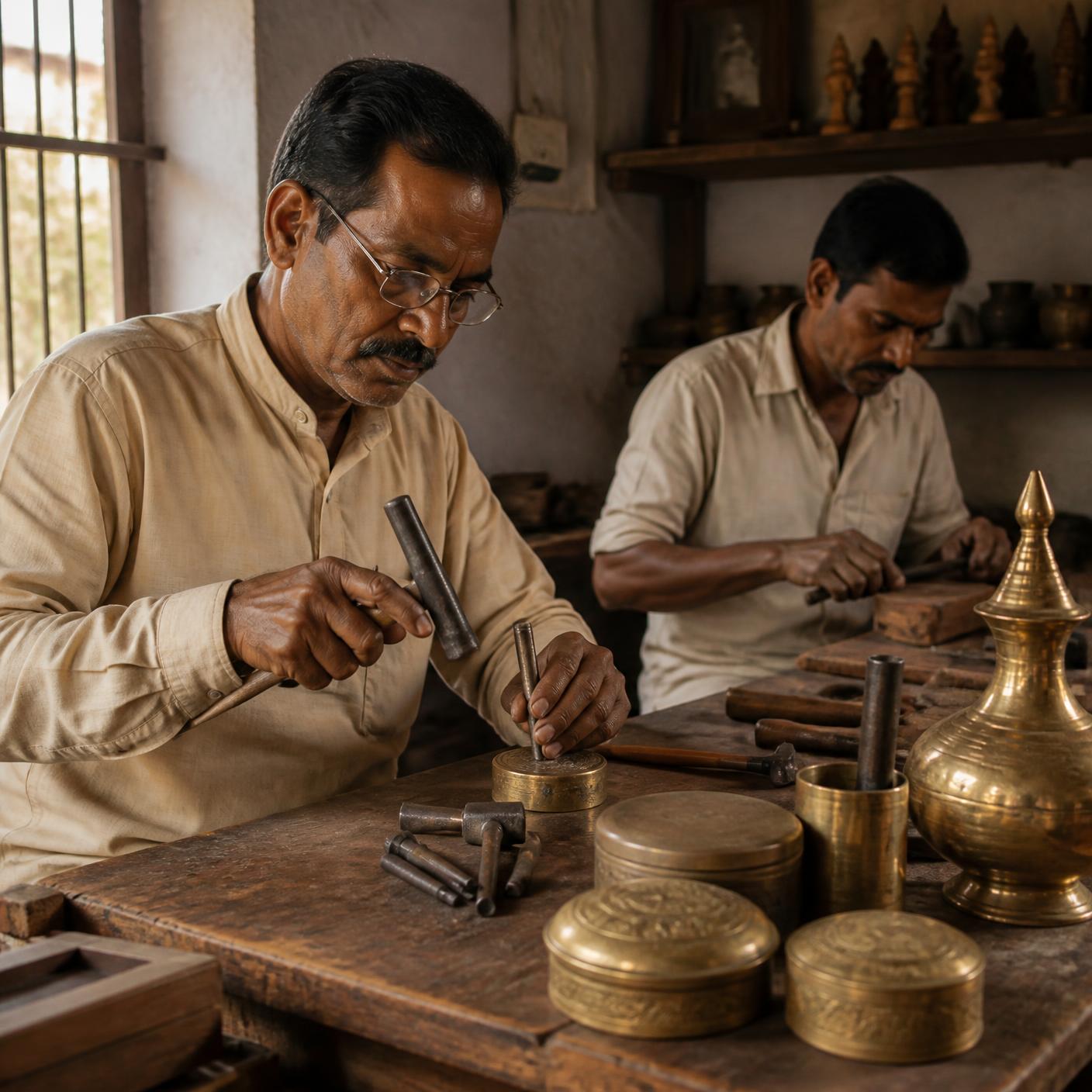 Artisans at work in a traditional Indian workshop